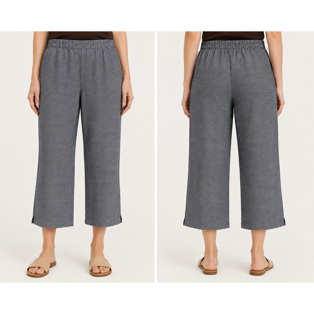 Eileen Fisher Organic Linen Tweed Wide Leg Crop Pull-On Pants Black White L